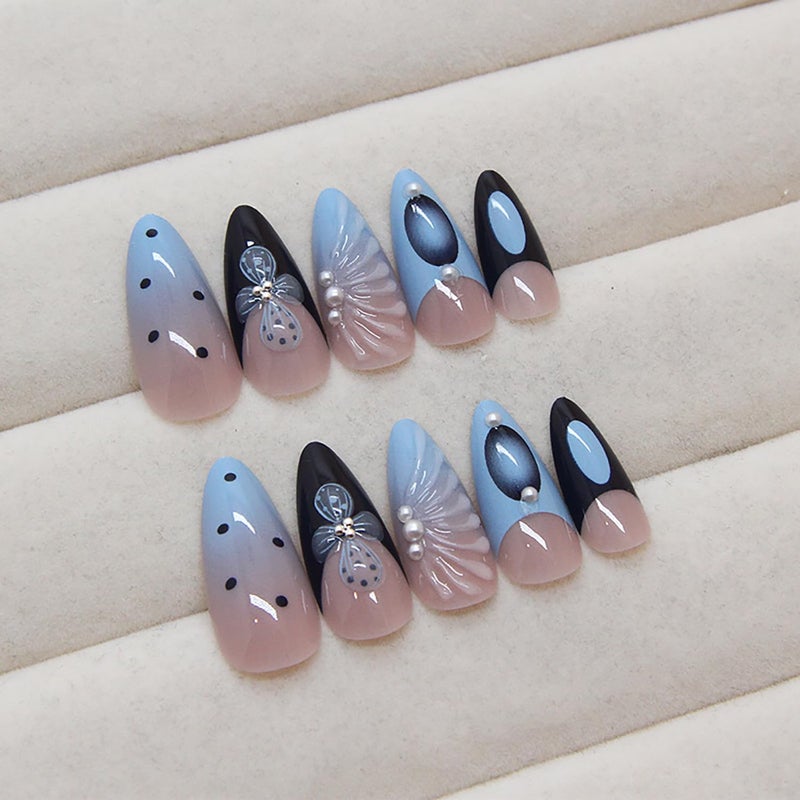 ASABITE 24 Pcs Almond Press on Nails Long Stiletto Fake Nails Fall Summer False Nails with 3D Shell Pearl Design Glossy Glue on Nails French Tip Artificial Nails Full Cover Stick on False Nails for Women - Image 4